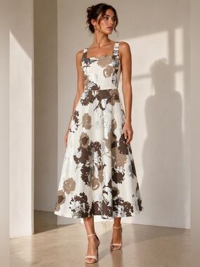 Lafayette 148 New York Arlene Floral Midi Dress Ivory Brown Womens 14 New NWOT
